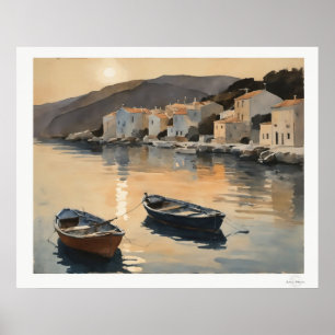 Sunset Harbor Reflection Oil Painting Art Print
