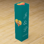 Sunset Heart Teal Green Wedding Wine Box<br><div class="desc">Romantic hearts with sunset shades in golden yellow orange to pink hues adorn the box sides with the wording, Mr. and Mrs. inside of hearts. Pretty teal green wedding wine favour boxes. Personalize with the Bride and Grooms First Name Monogrammed Initials and Wedding Date in white text on front of...</div>