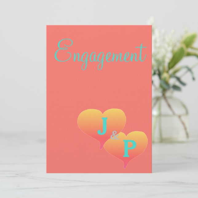 Sunset Hearts Coral Turquoise Monogram Engagement Invitation (Standing Front)