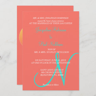 Sunset Hearts Monogram Coral Turquoise Invitation