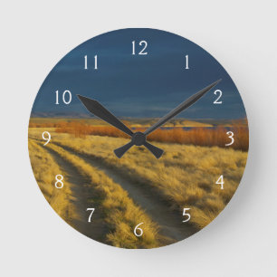 Sunset highlights the red bark of bushes round clock