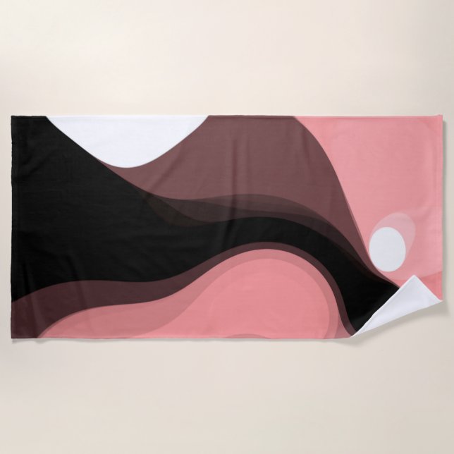 Sunset Horizon: Abstract Pink, Black & White Beach Towel (Front)