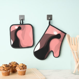 Sunset Horizon: Abstract Pink, Black & White Oven Mitt & Pot Holder Set