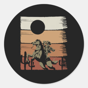Sunset Horseback Riding Rodeo Western Retro Cowboy Classic Round Sticker