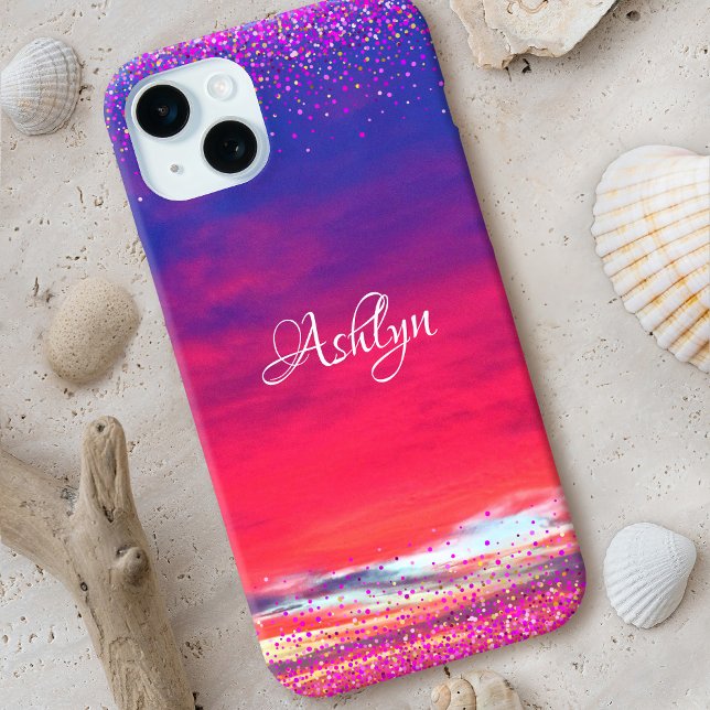 Sunset hot pink blue clouds confetti dots name Case-Mate iPhone case (Creator Uploaded)