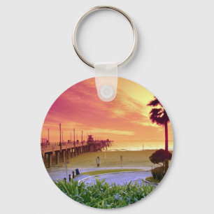 Sunset, Huntington Beach pier, California, U.S.A. Keychain