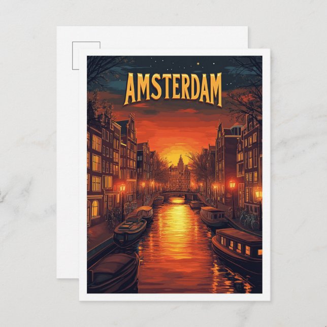 Sunset in Amsterdam Netherlands Vintage  Travel Postcard (Front/Back)