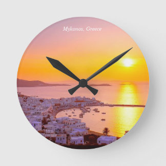 Sunset in Mykonos, Greece Round Clock