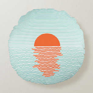 Sunset in ocean - striped background. line artsuns round pillow