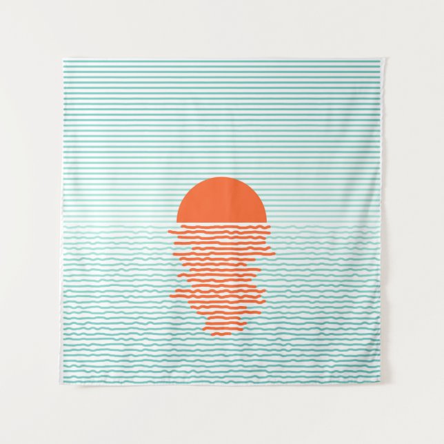 Sunset in ocean - striped background. line artsuns tapestry (Front)