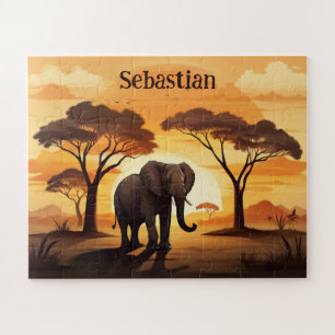 Sunset in savanna personalized elephant  jigsaw puzzle