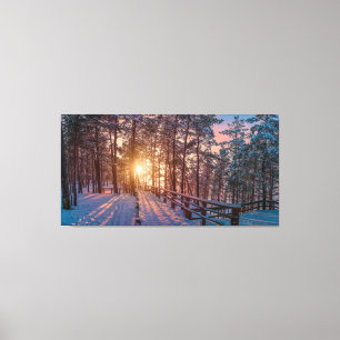 Sunset in snowy pine forest with sun ray canvas print