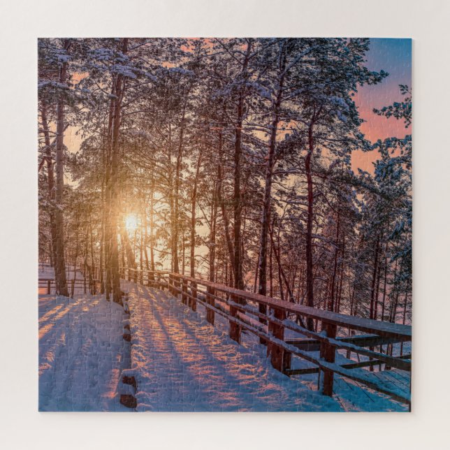Sunset in snowy pine forest with sun ray jigsaw puzzle (Vertical)