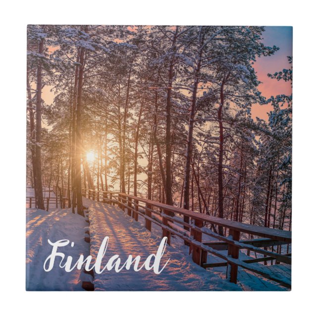 Sunset in snowy pine forest with sun ray tile (Front)