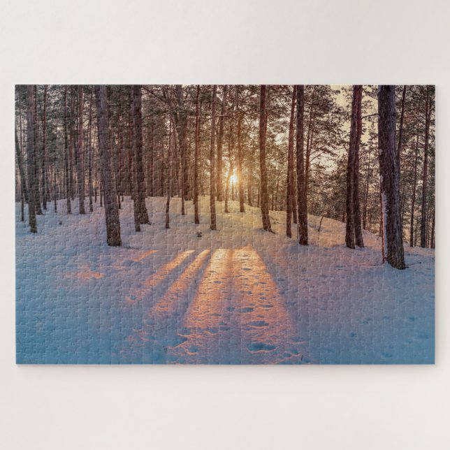 Sunset in snowy winter pine forest jigsaw puzzle (Horizontal)