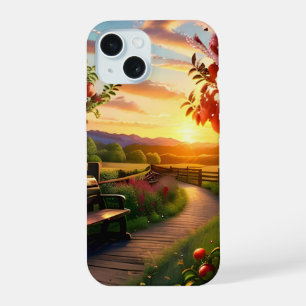 Sunset in the Mountain with Apple Tree Scene Land iPhone 15 Case