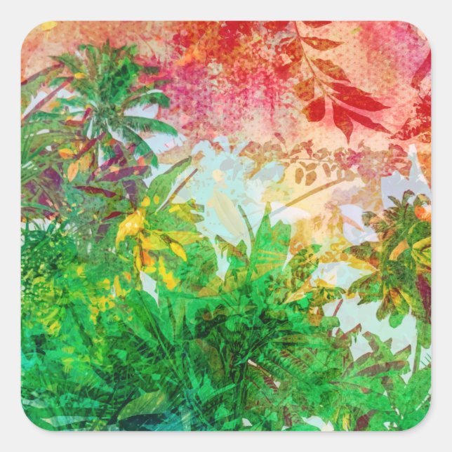 Sunset Jungle Tropical Palm Leaves Square Sticker (Front)