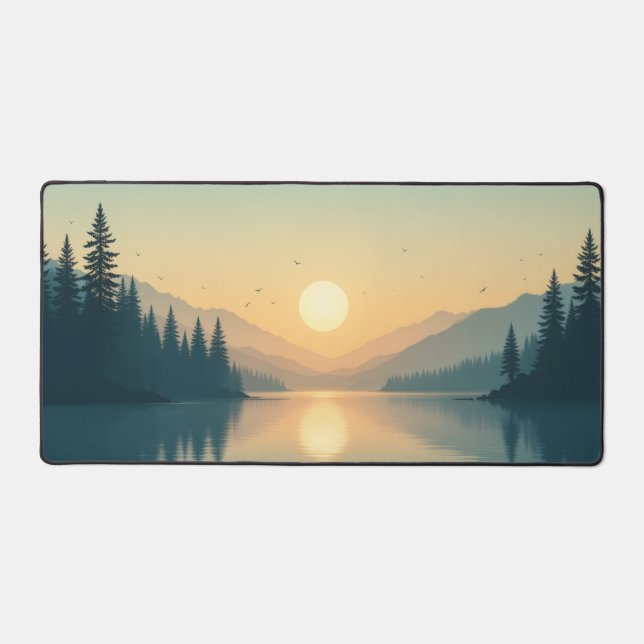 Sunset Lake Desk Mat - Forêt Pittoresque Mousepad, (Recto)