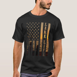 Sunset Lake Life Fisherman American Flag Fishing B T-Shirt