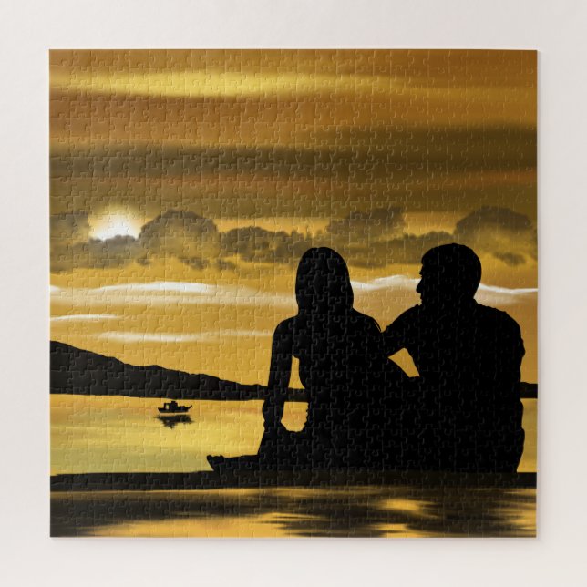 Sunset Lake - Romantic Love - Couple - Jigsaw Puzzle (Vertical)
