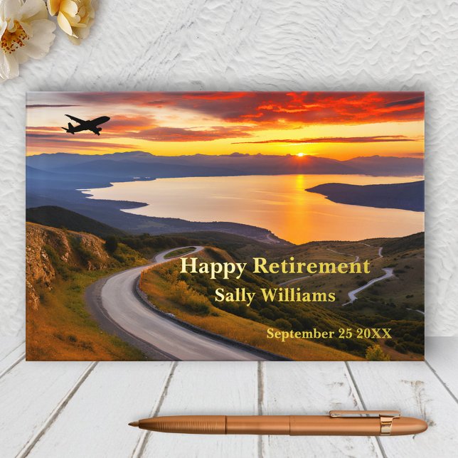 Sunset Landscape Airplane Real Foil  Guest Book (Retirement guest book featuring an airplane in a landscape scene at sunset with your real foil texts)