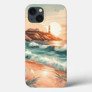 Sunset Lighthouse Ocean Beach Boho Floral iPhone 13 Case