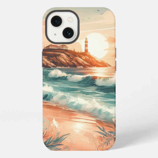 Sunset Lighthouse Ocean Beach Boho Floral iPhone Case (Back)