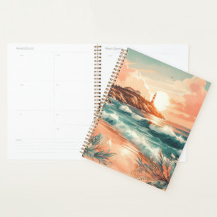 Sunset Lighthouse Ocean Beach Boho Floral Planner
