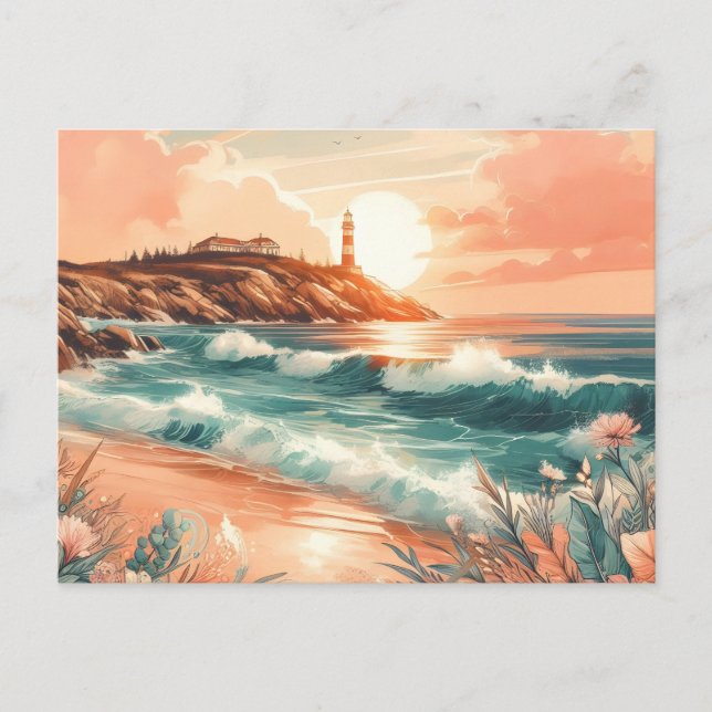 Sunset Lighthouse Ocean Beach Boho Floral Postcard (Front)