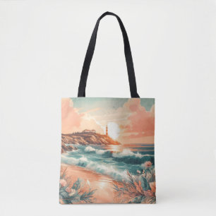 Sunset Lighthouse Ocean Beach Boho Floral Tote Bag