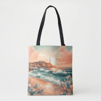Sunset Lighthouse Ocean Beach Boho Floral Tote Bag