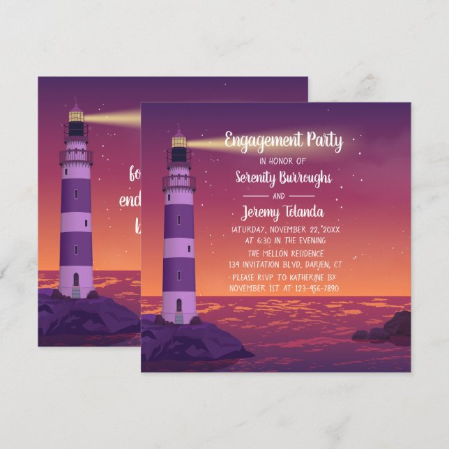 Sunset Lighthouse Purple Nautical Engagement Party Invitation (Front/Back)