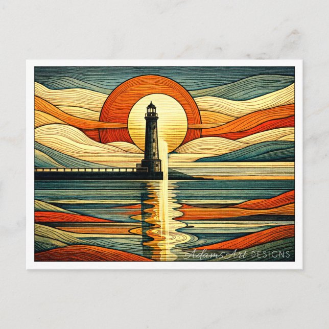Sunset Lighthouse Reflection Art Deco Holiday Postcard (Front)