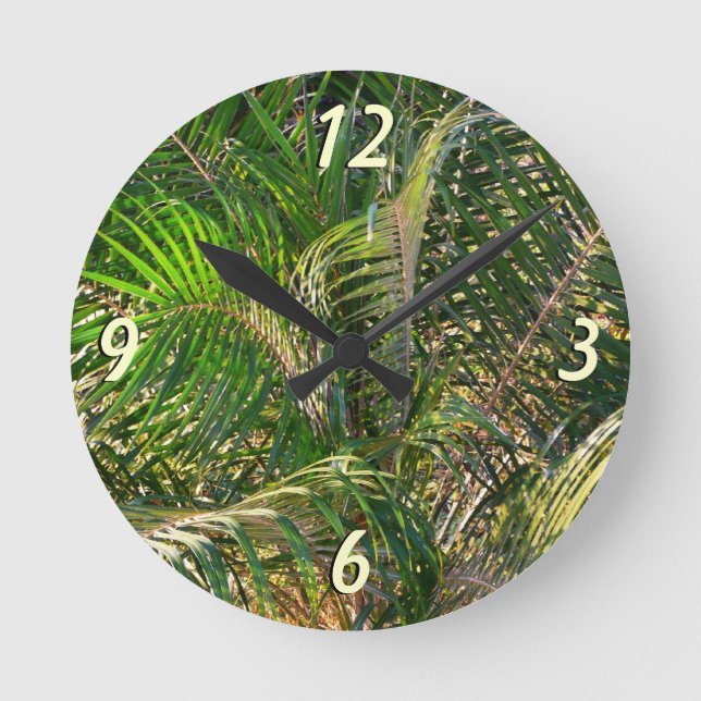 Sunset Lit Palm Fronds Tropical Round Clock (Front)