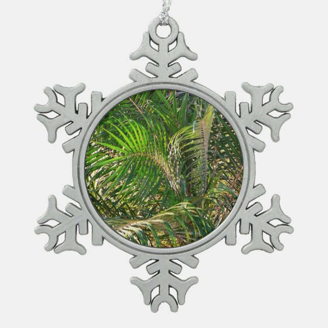 Sunset Lit Palm Fronds Tropical Snowflake Pewter Christmas Ornament (Front)