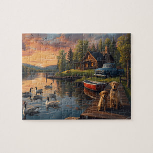 Sunset Log Cabin Lake Dogs Vintage Truck Jigsaw Puzzle