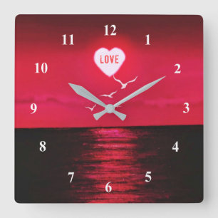 Sunset Love - Romantic - Black Red - Customizable Square Wall Clock