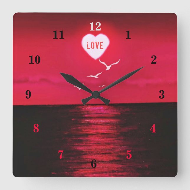Sunset Love - Romantic - Black Red - Personalized Square Wall Clock (Front)