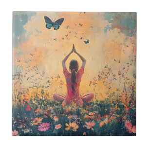 Sunset Meadow Meditation with Butterflies (1) Tile