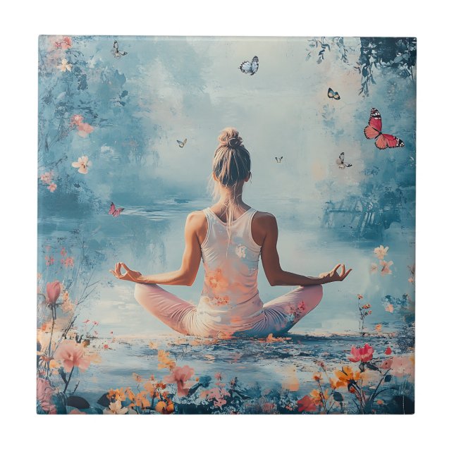 Sunset Meadow Meditation with Butterflies (3) Tile (Front)