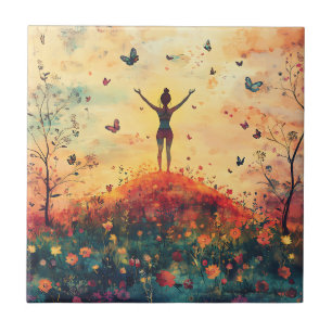 Sunset Meadow Meditation with Butterflies (4) Tile
