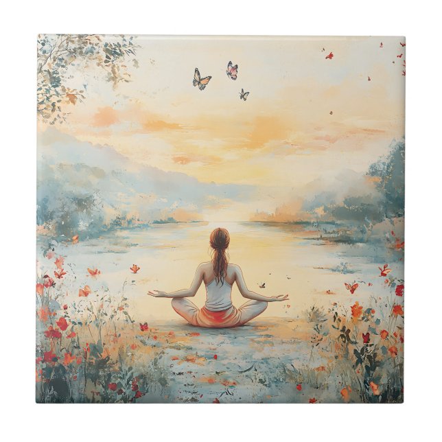 Sunset Meadow Meditation with Butterflies (6) Tile (Front)