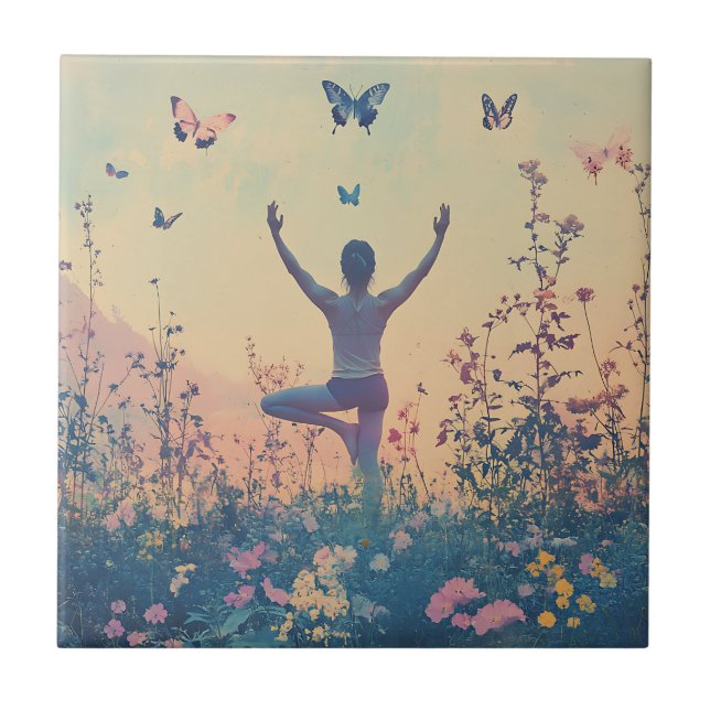 Sunset Meadow Meditation with Butterflies (7) Tile (Front)