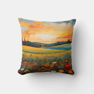 Sunset Meadow Wildflowers Bloom In Vibrant Summer Throw Pillow