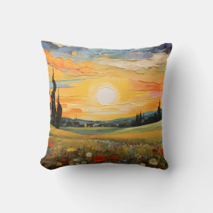 Sunset Meadow Wildflowers Blooming Painting Throw Pillow