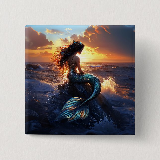 Sunset Mermaid 2 Inch Square Button (Front)
