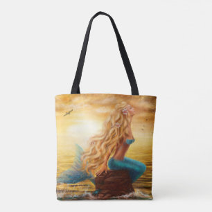 Sunset mermaid painting tote bag