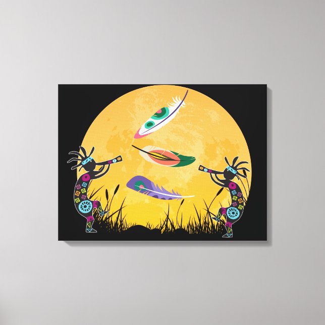  Sunset Moon Kokopelli and Feathers Canvas Print (Front)