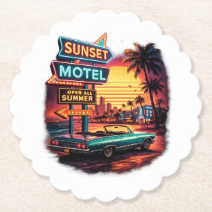 Sunset Motel Open All Night Retro Design Paper Coaster