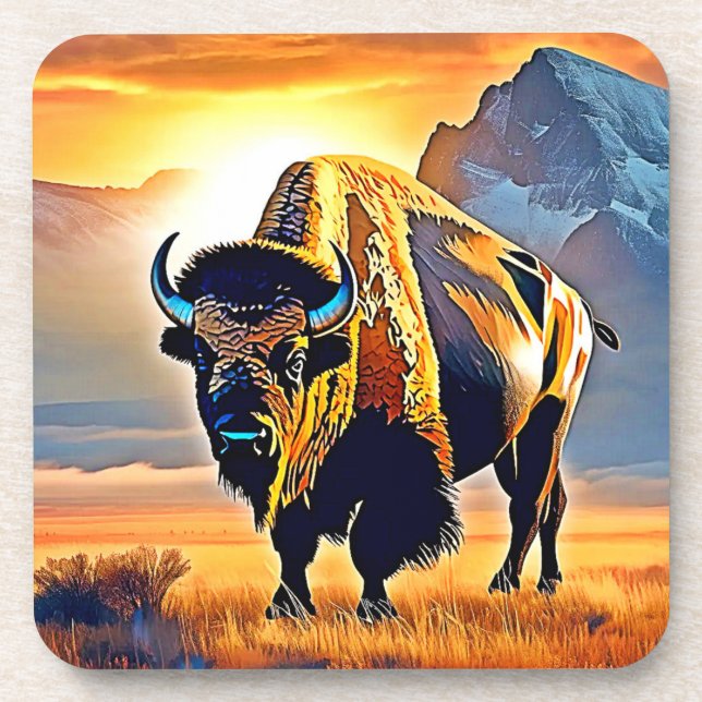 Sunset Mountain Bison Art Design Coaster (Front)